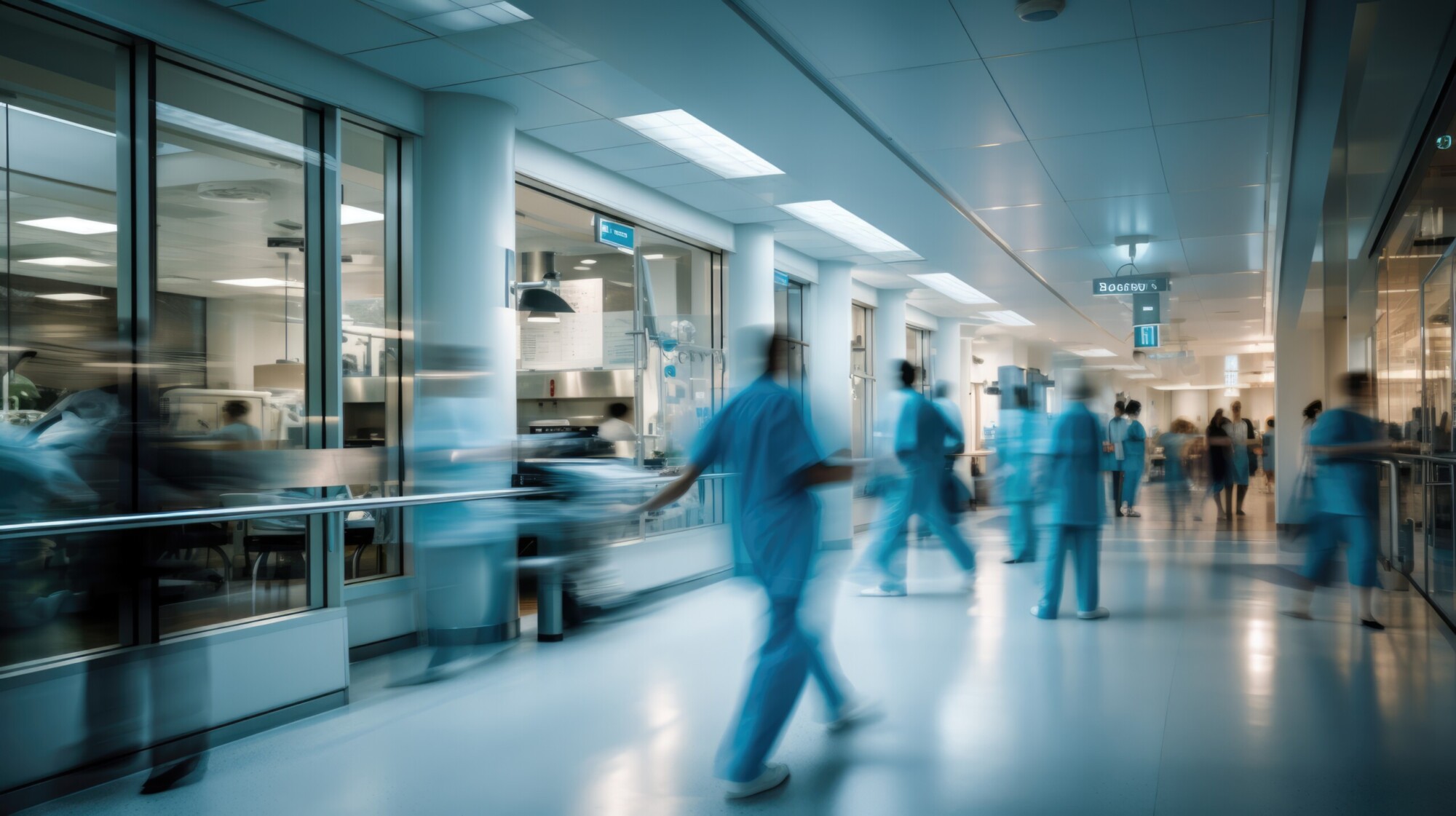 Busy hospital corridor with moving staff