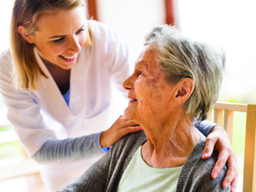 Health visitor and a senior woman during home visit.