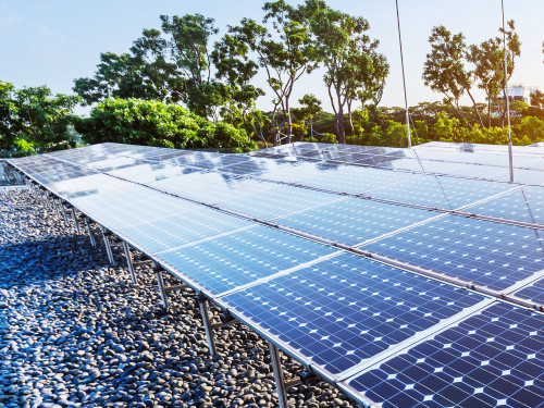 solar panel with cityscape of modern city