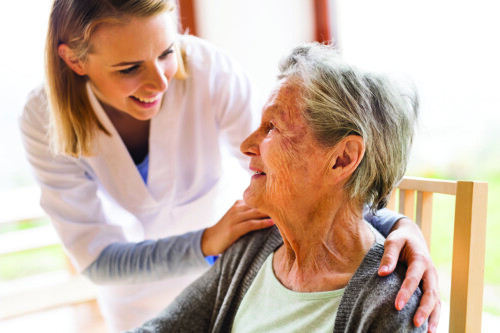 Health visitor and a senior woman during home visit.