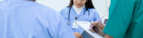 Medical woman student wear blue uniform study in hospital with g