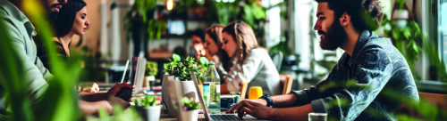 Image of serious work in an office decorated with small plants.