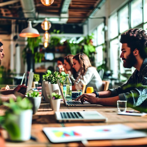 Image of serious work in an office decorated with small plants.