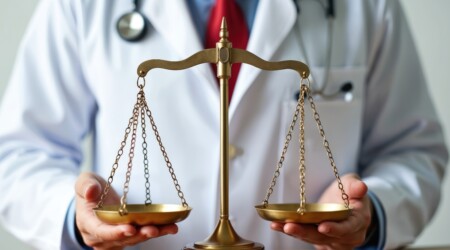 Medico che tiene in mano una bilancia giuridica per valutare il danno sanitario